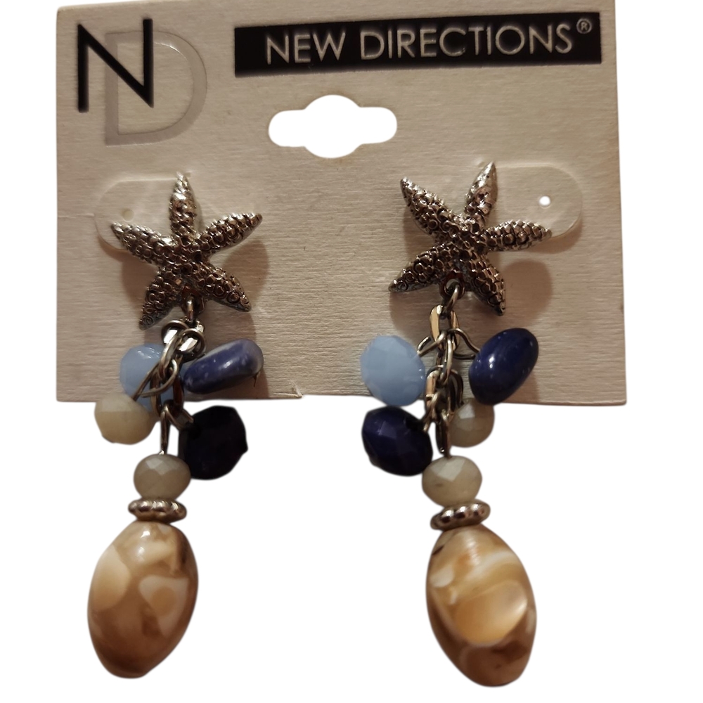 New Directions Starfish Earrings with Blue and Tan Beads